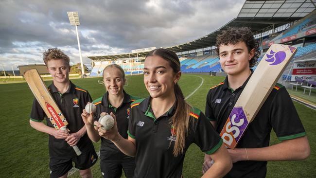 Emerging Tigers (L-R) Darcy Allen, Taylor Brooks, Sophia Di Venuto and Luca Di Venuto at Blundstone Arena. Picture: Chris Kidd