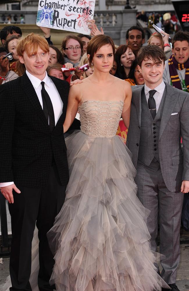 )Rupert Grint, Emma Watson and Daniel Radcliffe in 2011. Picture: Ian Gavan/Getty Images