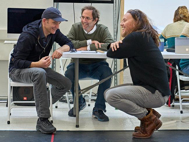 Matthew Warchus (director), Danny Rubin (book) and Tim Minhcin (music and lyrics) at Groundhog Day rehearsals