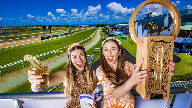 Magic Millions 2.0: Sally Mallyon and Justine Oppermann gear up for Magic Millions race day. Picture: NIGEL HALLETT