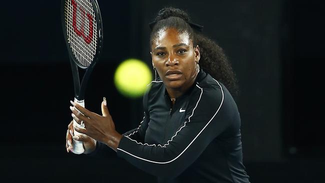 Serena Williams hard at work on the practice court at Melbourne Park in her preparation for the Australian Open. Picture: Getty Images