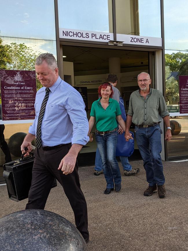 Tania Laurencont follows her lawyer, Ray Murphy, out of the Darwin Local Court after being found not guilty of speeding. Picture: Jason Walls