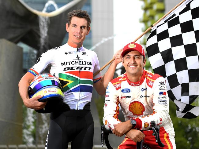 Mitchelton-Scott's Daryl Impey a two-time TDU champion with Super loop 500 driver Fabian Coulthard at Victoria Square. Picture: Tricia Watkinson