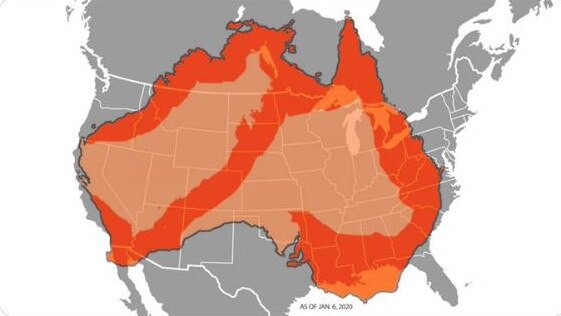 America's ABC News tweeted this exaggerated map “showing the scale of the fires’’. Picture: Twitter