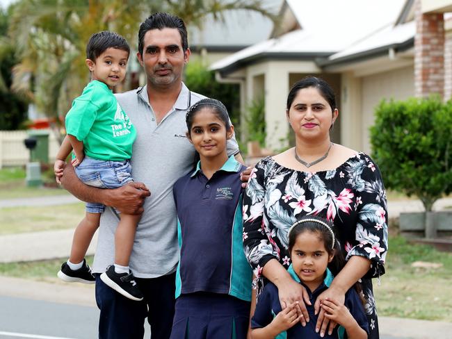 Ramandip Singh and Mandeep Kaur, with their three  kids Ravneet, 10, Japneet, 5, and Ajeet, 2, Springfield Lakes, Sprinfield has revealed plans to build 11 new schools by 2036 in the rapidly growing region. Photographer: Liam Kidston