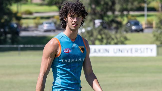 Hawthorn’s No. 19 pick Will McCabe is out for at least three months with a stress reaction in his lower back. Picture: Brad Fleet