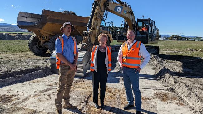 AWC project manager Hayden Allwright, West Tamar Council Deputy Mayor Joy Allen and Education Minister Roger Jaensch at the groundbreaking of the new Legana Primary School. Picture: Supplied