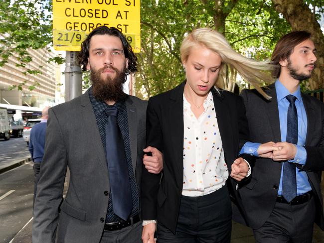 Hannah Quinn is surrounded by family after leaving court when she was granted bail. Picture: Tracey Nearmy/The Daily Telegraph