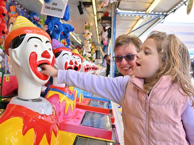 AUGUST 31, 2024: Ellie Horncastle has fun with grandmother Wanda Reiter at the clowns at the Royal Show. Picture: Brenton Edwards