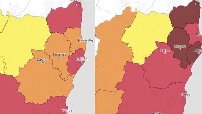 North Coast Covid-19 from March 24 compared to April 22. Growing patches of brown reveal the region's increasing daily numbers. Picture: NSW Health