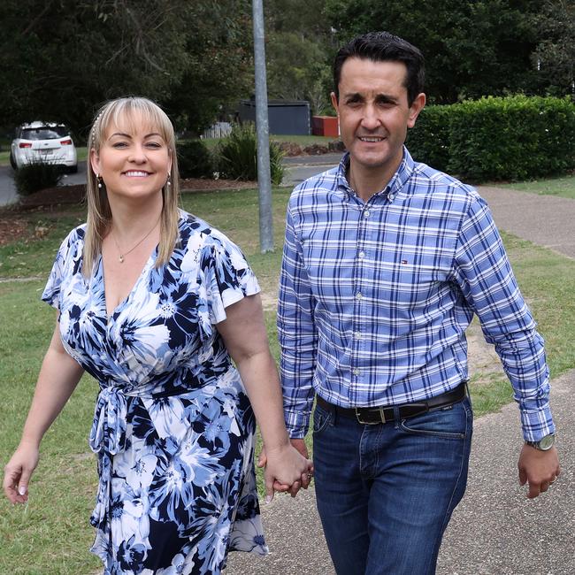 David Crisafulli with wife Tegan voting at Springwood State High School. Picture: Liam Kidston