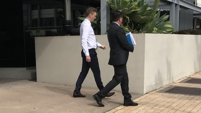 William Thomas Richards-Warrington, 27, leaving the Southport Courthouse with defence lawyer Michael Gatenby. Picture: Jodie Callcott.