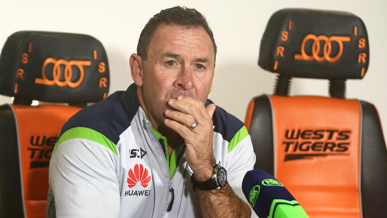 Raiders coach Ricky Stuart addresses the media.