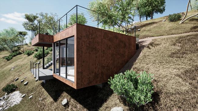 Artist impression of a proposed new tourist cabins on the side of Mount Osmond, overlooking Adelaide. Picture: Lookadesign