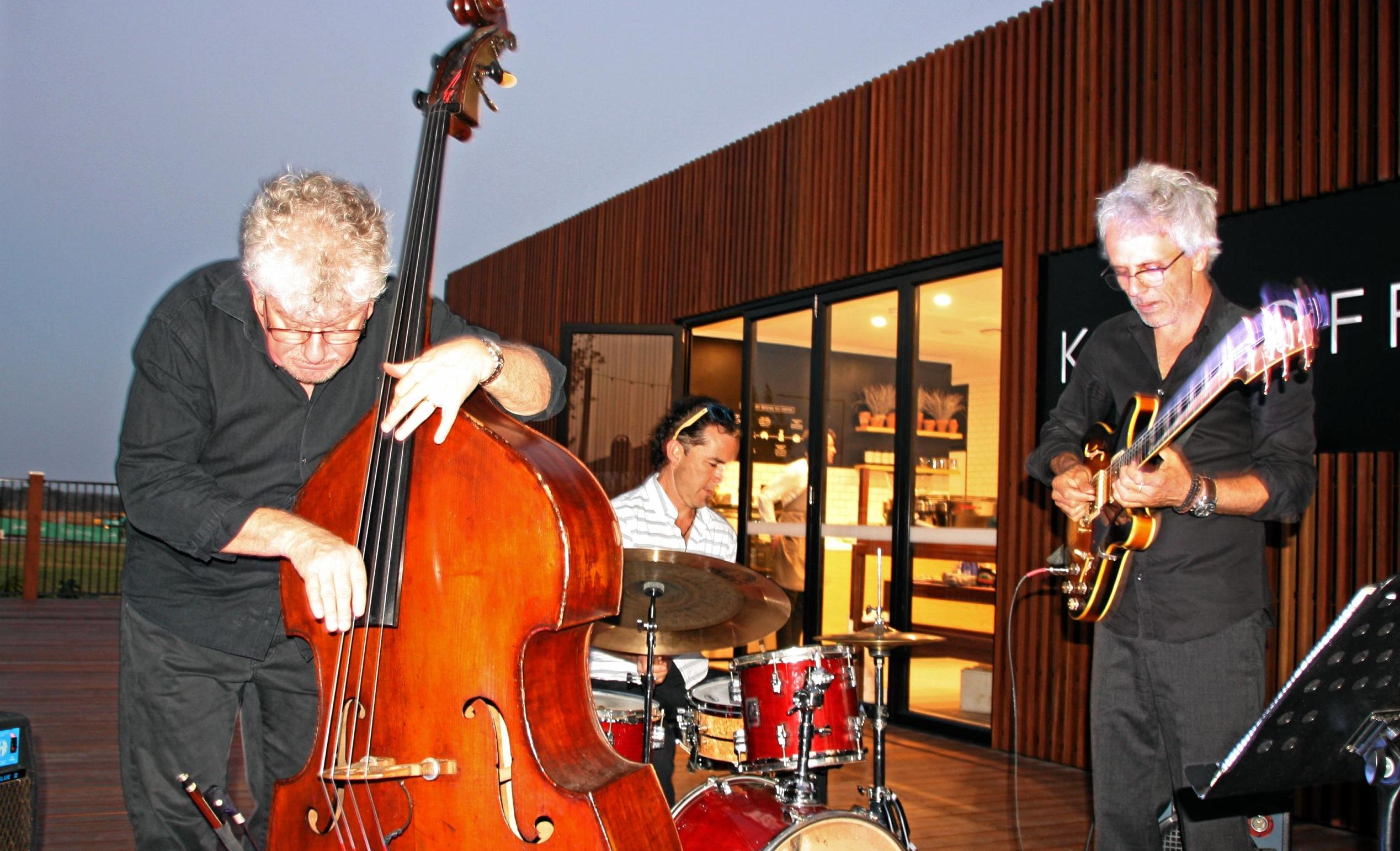 Max, Pete and Aaron of Coastal Jazz at AVID Property Group's launch of its new sales and information centre in Palmview's master-planned community of Harmony. Picture: Erle Levey