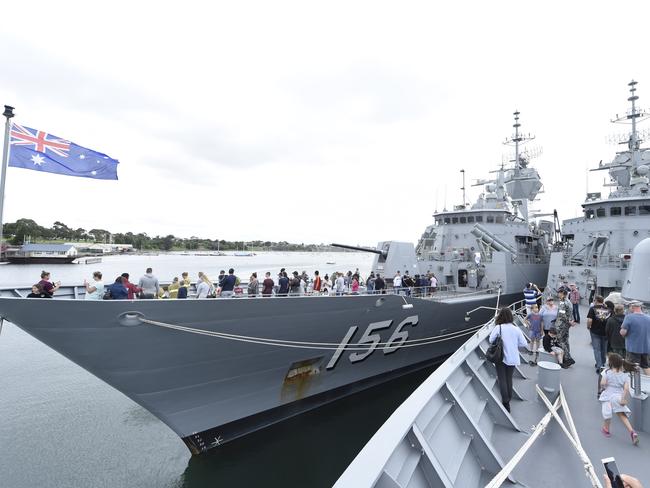 HMAS Toowoomba, with its sister ship HMAS Stuart, docked at Cunningham Pier in Geelong and open to the public. Picture: Alan Barber