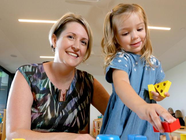 Joanne Sorley, the Consultant Psychologist with Dakota Devitt 2yrs, in the Montessori room doing block puzzles, at the new childcare centre is opening in Nundah, as parents demand more services from their centres, Nundah, Thursday 2nd January 2020 - Photo Steve Pohlner