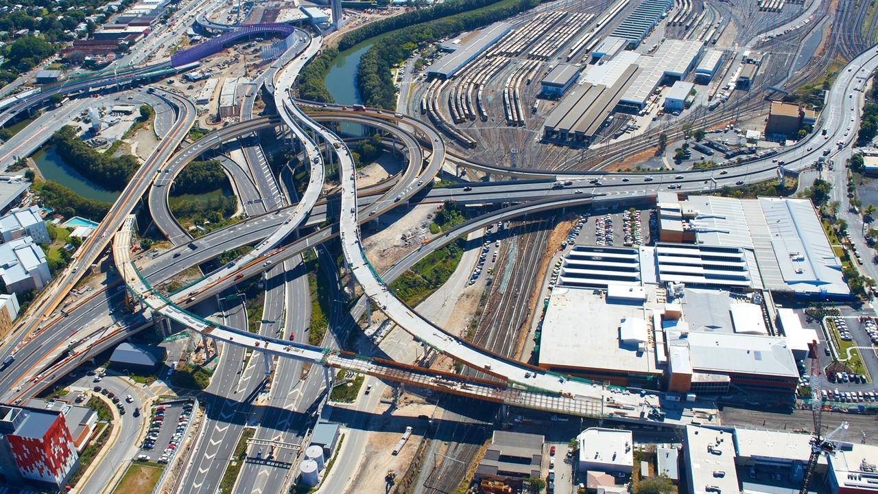 An aerial shot of the site during construction of the Airport Link tunnel and surrounding infrastructure.