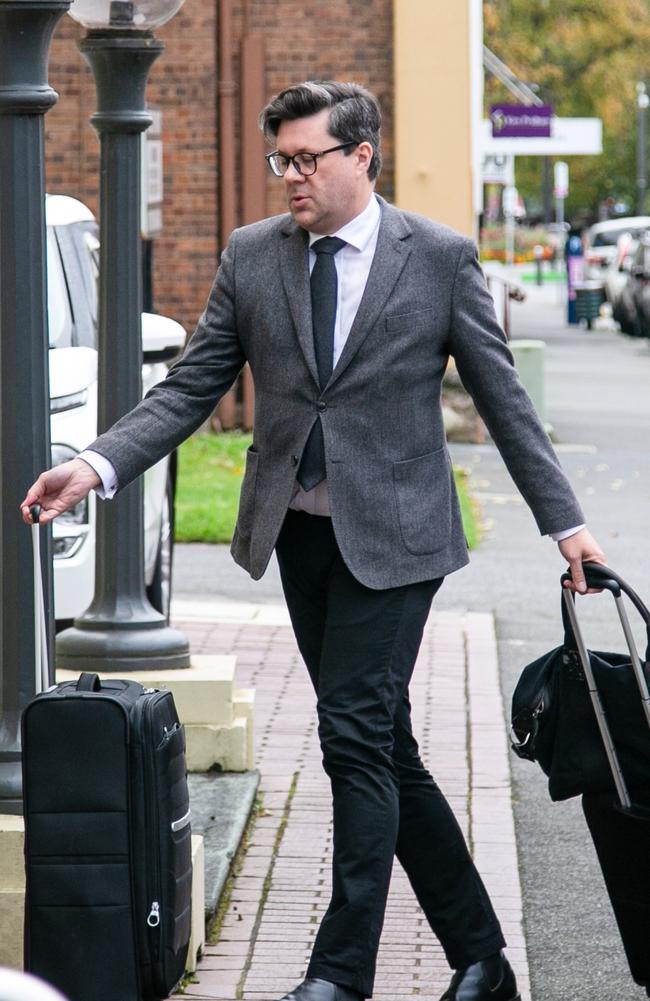 Defense lawyer Patrick O'Halloran arrives at the Supreme Court of Tasmania in Launceston for the trial of Cedric Harper Jordan and Noelene June Jordan in relation to the murder of Shane Barker in 2009 at Campbell Town. Picture: Patrick Gee