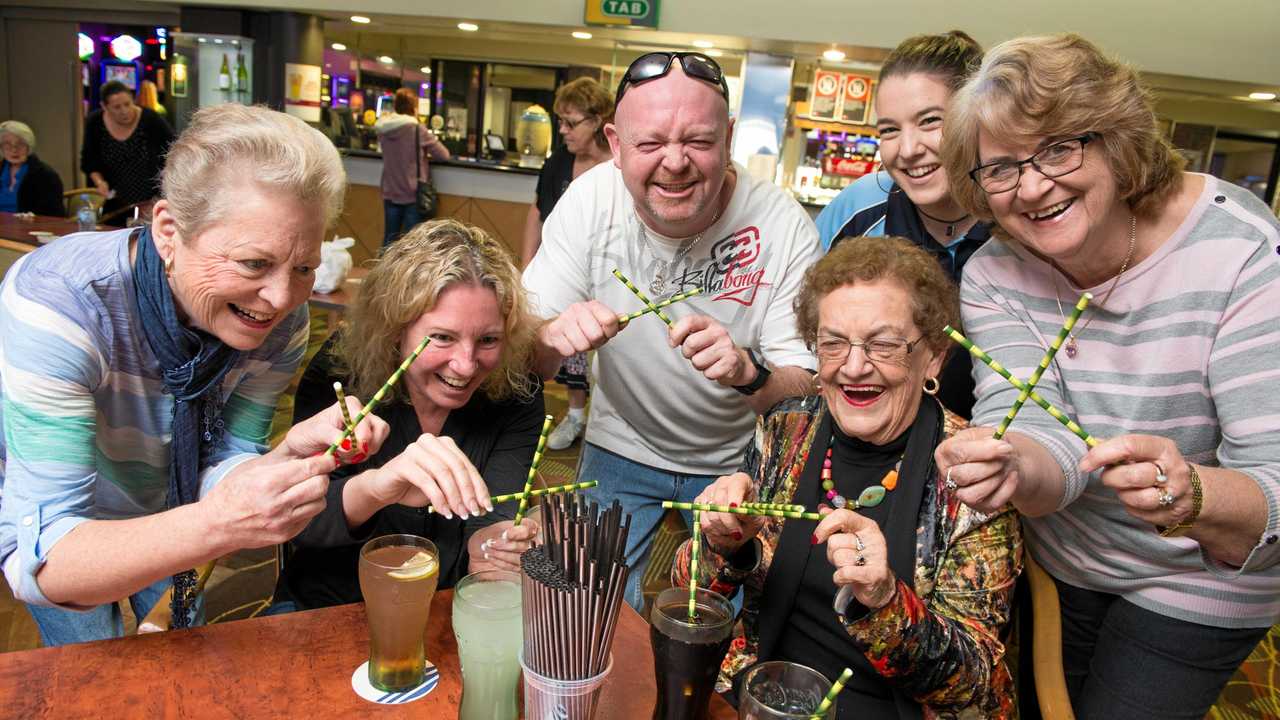 LAST STRAW: No more plastic straws at Sawtell RSL and Eileen, Michelle and Adam Tritton, Betty Weick, Danielle Angus-Crouch and Joy Bailey are all smiles. Picture: Trevor Veale