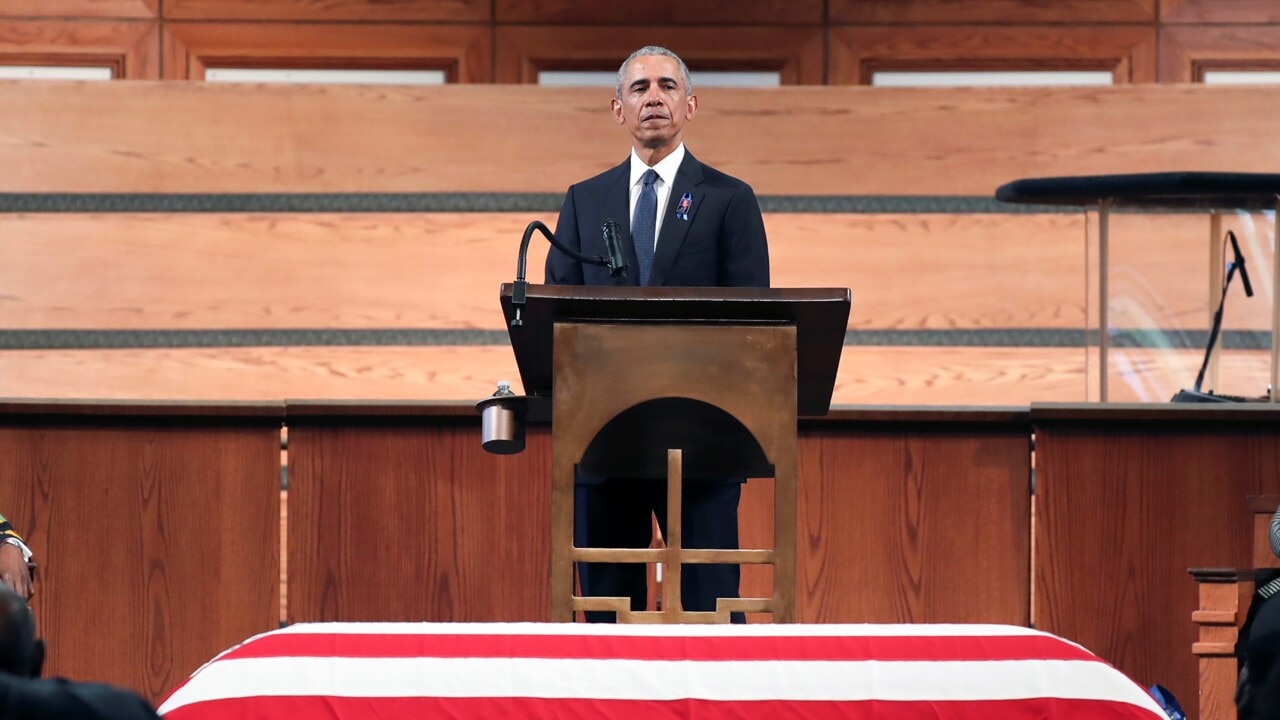 Obama uses eulogy speech to criticise Trump for floating election delay