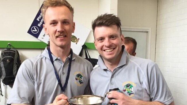 Newly appointed North Brunswick co-coaches Sam Willatt and Scott Rymer celebrate leading the Bulls' reserves to a premiership in 2018. Picture: Supplied