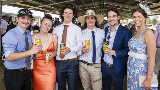 At the Clifton Races are (from left) Jack Frost, Charlotte Somers, Dean Conway, Will McCarthy, Josh Zirbel and Kate Owen, Saturday, October 28, 2023. Picture: Kevin Farmer