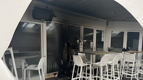 Police investigate a fire at a Port Noarlunga restaurant. Molotov cocktails and a flare were used to try to start the blaze. Picture: Emma Brasier.