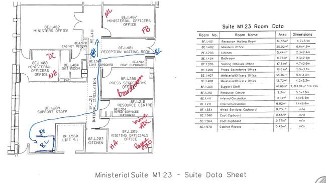 And a map with the markings of Mr Lehrmann of where he went in the office. Picture: Supplied.