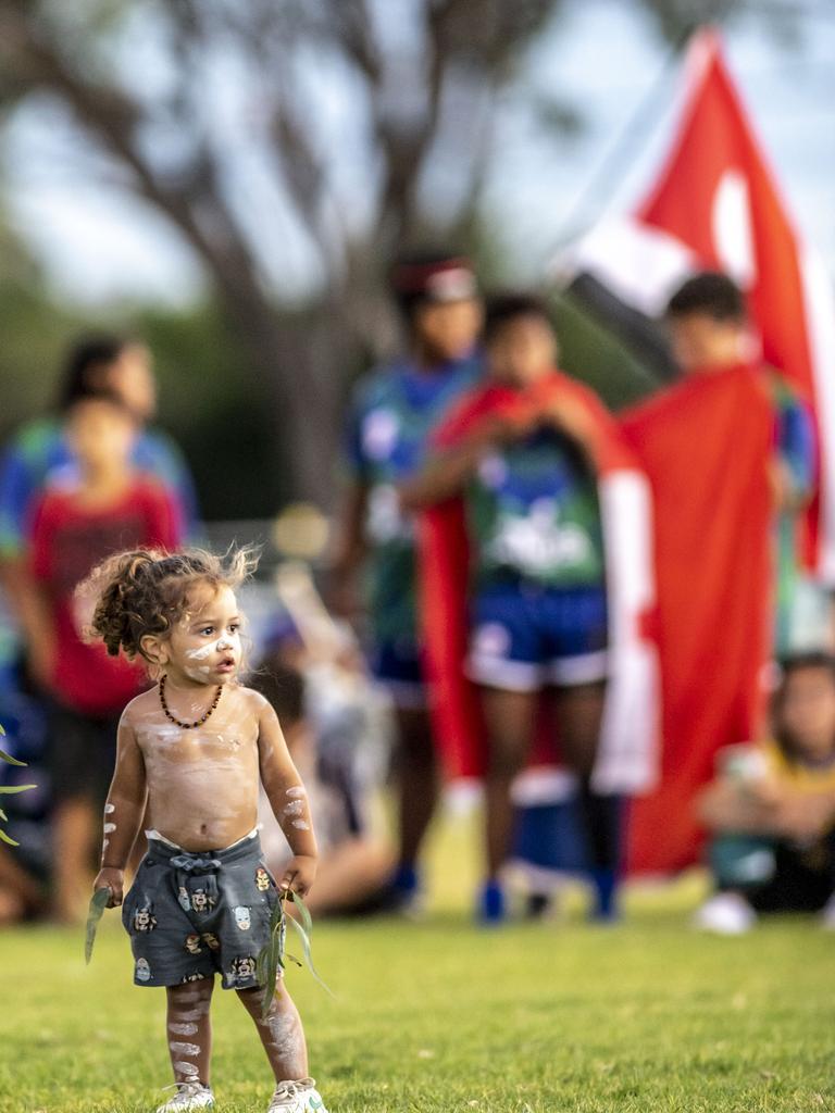 Niyardu McCarthy takes part in the smoking ceremony and dance by Murabirigururu Aboriginal Dancers. 2023 TRL Cultural Cup, SW Qld Emus vs Pacific Nations Toowoomba. Saturday, February 25, 2023. Picture: Nev Madsen.