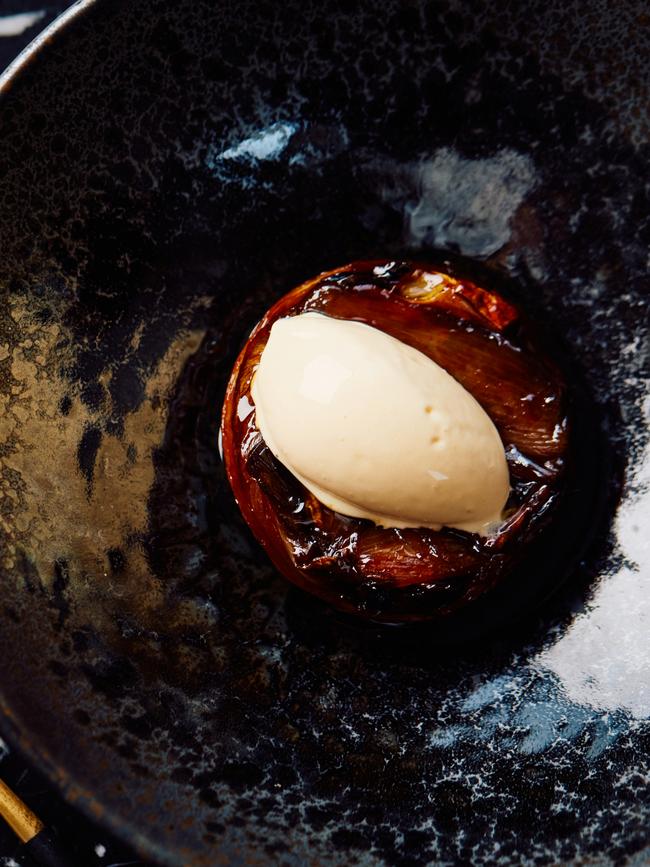 One of Faro Restaurant’s latest offerings from their Nouveau Faux, Bordeaux, menu the Tarte tatin which features caramelised eschalots, witlof, Jerusalem artichoke, sherry caramel, thyme, puff pastry, bay oil and Comté ice cream. Photo credit: Jesse Hunniford/ Image courtesy Museum of Old and New Art