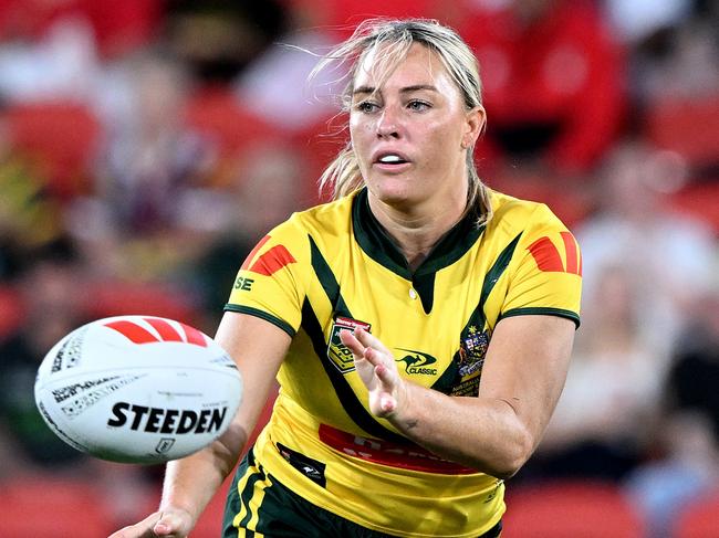 BRISBANE, AUSTRALIA - OCTOBER 18: Olivia Higgins of the Jillaroos passes the ball during the women's 2024 Pacific Championships match between Australia Jillaroos and PNG Orchids at Suncorp Stadium on October 18, 2024 in Brisbane, Australia. (Photo by Bradley Kanaris/Getty Images)