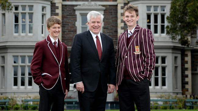 Prince Alfred College headmaster Bradley Fenner with then boarders Tom Willson and Alex Glover in 2015. Picture. Noelle Bobrige