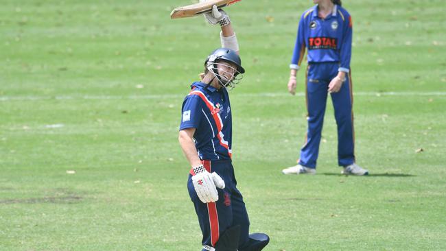 Heidi Cheadle celebrates her 50 against Northern District CC, 2021-22. Picture supplied by Gordon CC