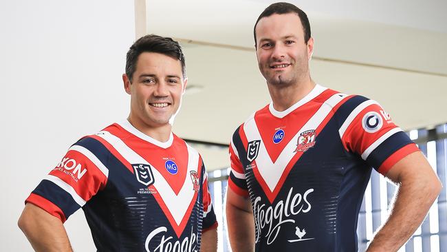 Cooper Cronk and Boyd Cordner at the sponsorship announcement. (Dylan Robinson)