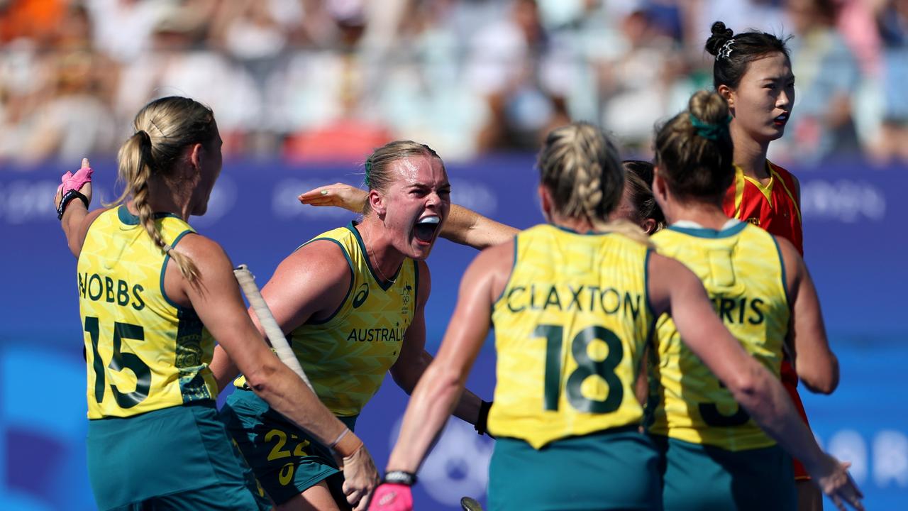 Tatum Stewart (second from left) celebrates scoring for Australia Picute: Getty Images