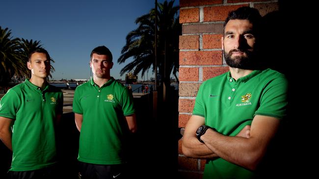 Australia's Trent Sainsbury ,Mat Ryan and Mile Jedinak ready for their Semi Final against UAE .Picture Gregg Porteous