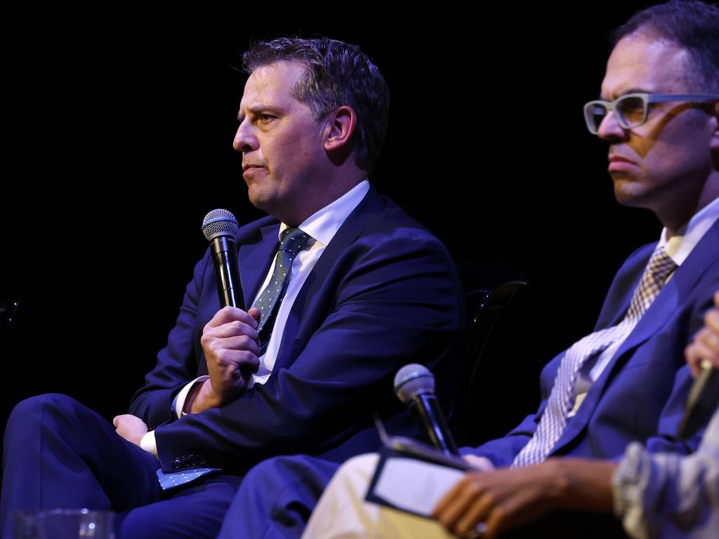 Health Minister Ryan Park speaking at the community forum alongside Treasurer Daniel Mookhey. Picture: Jonathan Ng