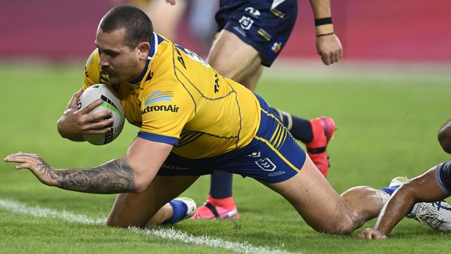 Reagan Campbell-Gillard scored two tries for the Eels in their preliminary final win against the Cowboys. Picture: Ian Hitchcock/Getty Images