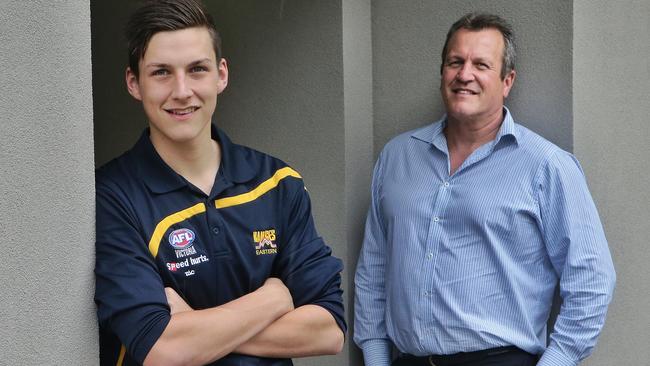 Sam Weideman with his dad Mark, is one of the top prospects in the 2015 draft. Picture: Hamish Blair