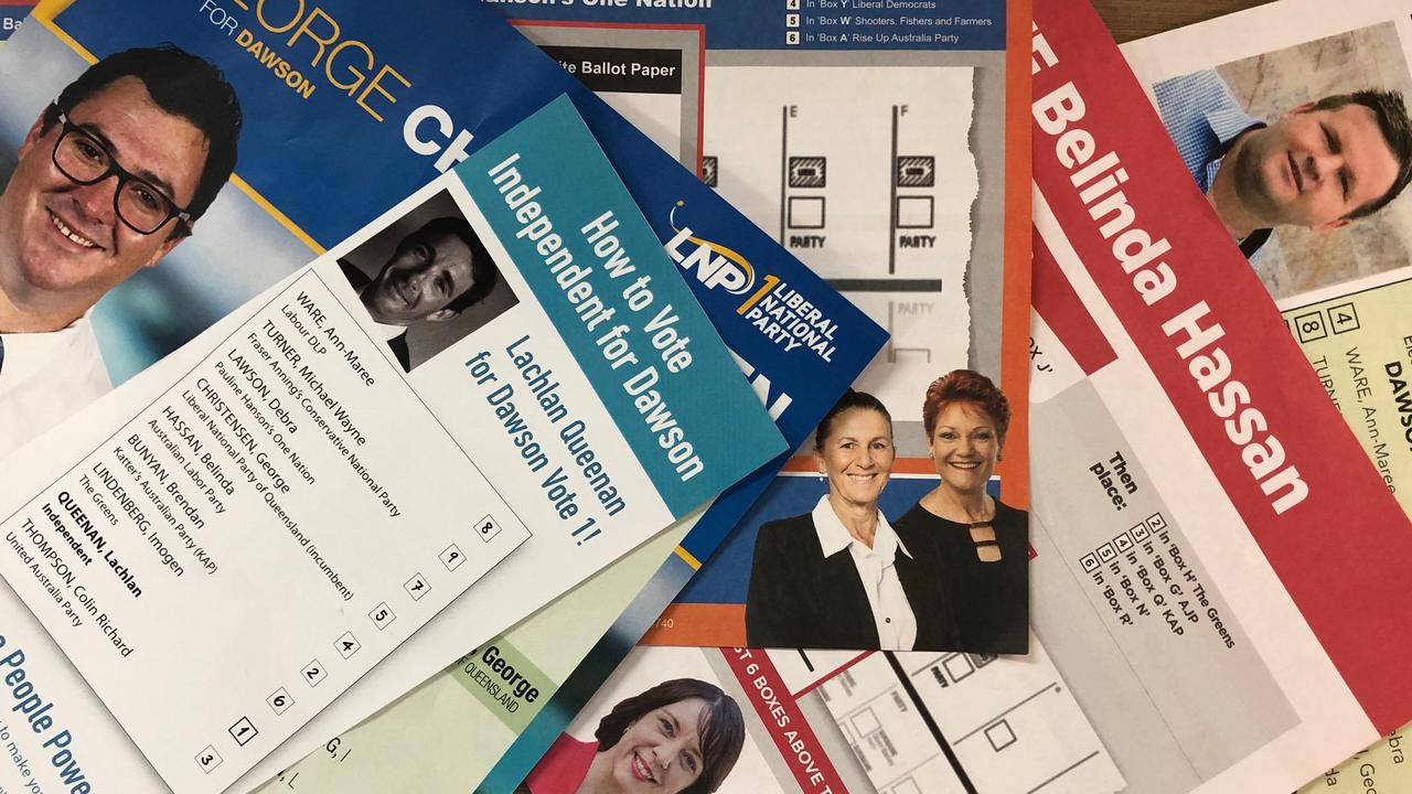 How-to-vote cards, like these from the last federal election in 2019, aim to encourage voters to chose a party’s candidate. Picture: Caitlan Charles