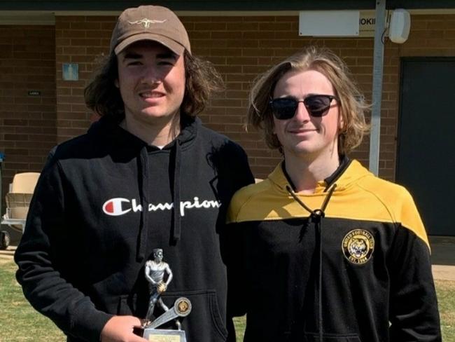 Tom Michael (left) in 2020 after winning the Long Plains U17s Best and Fairest. Picture: Balaklava Football Club