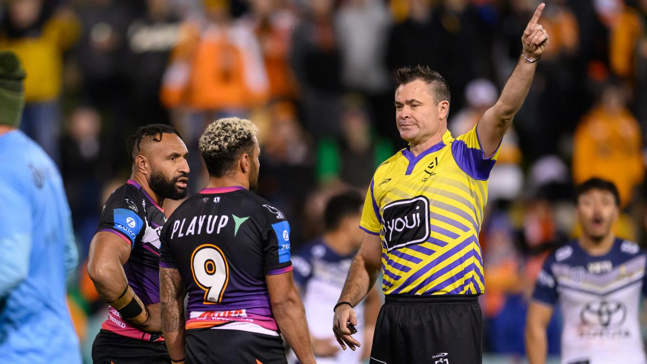 Justin Olam of the Tigers is sent off by Referee Chris Butler. (Photo by James Gourley/Getty Images)