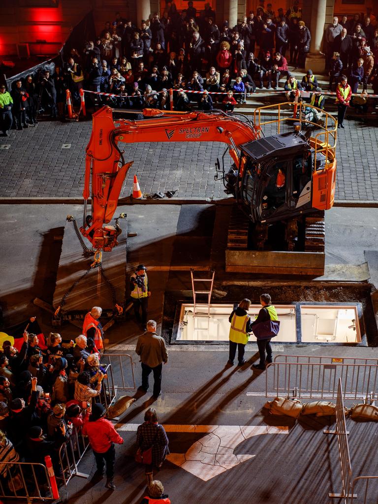 Mike Parr art installation for Dark Mofo: He his buried under Macquarie St Hobart. Picture: DARK MOFO