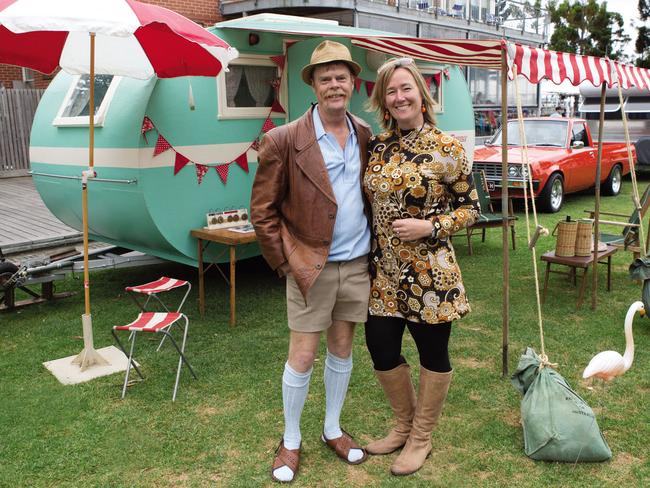 Alison Mulqueen and partner Marcus Williams dressed to fit their caravan Florence’s era.