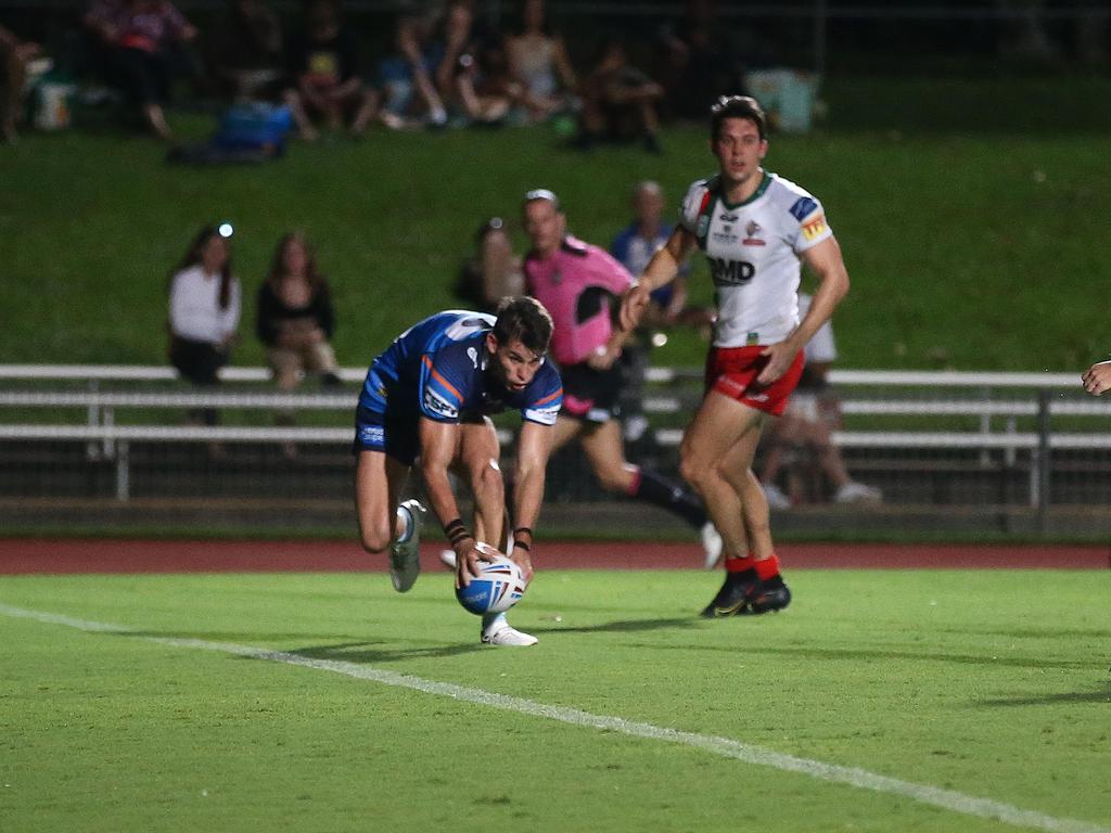 Pride fullback Jayden Corrigan pounced on a loose ball from a high kick to score the team's only try in the QRL ISC rugby league match between the Northern Pride and the Wynnum Manly Seagulls, held at Barlow Park. Picture: Brendan Radke