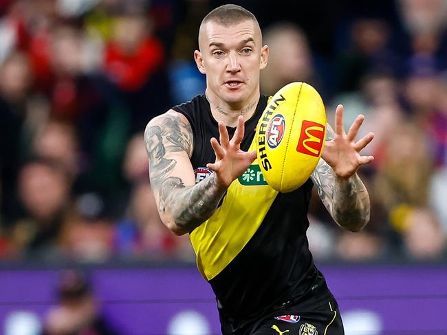 MELBOURNE, AUSTRALIA - JULY 30: Dustin Martin of the Tigers in action during the 2023 AFL Round 20 match between the Richmond Tigers and the Melbourne Demons at Melbourne Cricket Ground on July 30, 2023 in Melbourne, Australia. (Photo by Dylan Burns/AFL Photos via Getty Images)