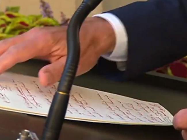 Turnbull’s hand written his speech in a furious scrawl. Picture: Channel 9