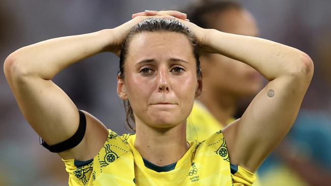 MARSEILLE, FRANCE - JULY 31: Hayley Raso #16 of Team Australia looks dejected following the Women's group B match between Australia and United States during the Olympic Games Paris 2024 at Stade de Marseille on July 31, 2024 in Marseille, France. (Photo by Alex Livesey/Getty Images)