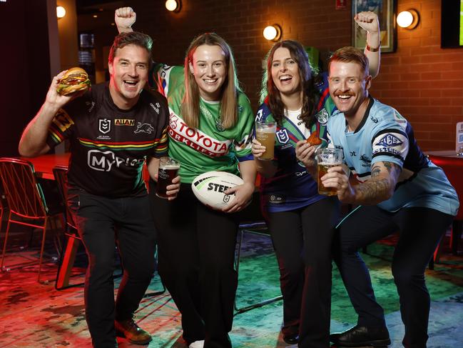 DAILY TELEGRAPH 30TH JANUARY 2025Pictured at Bankstown Sports Club are NRL fans Michael Hanratty , Emily Tyler , Kimberley Foord and Chris Briody who are getting excited for the first round of the new NRL season in VLas Vegas.Picture: Richard Dobson